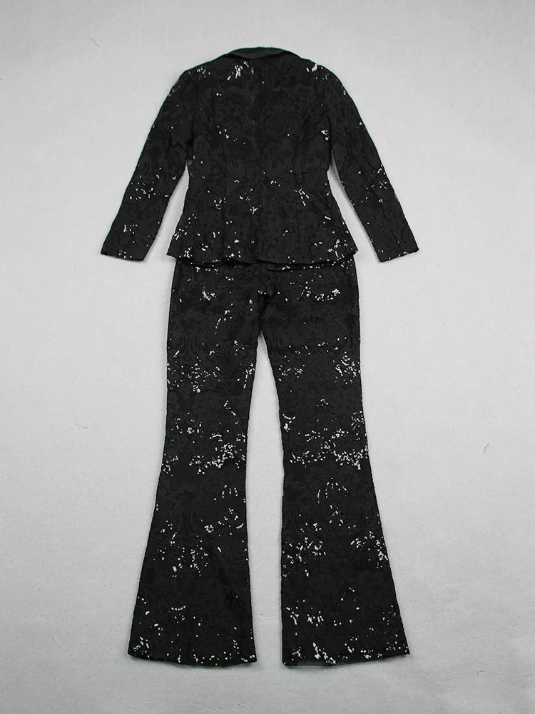 Guipure Lace Single Button Blazer with Flare Pants Suit