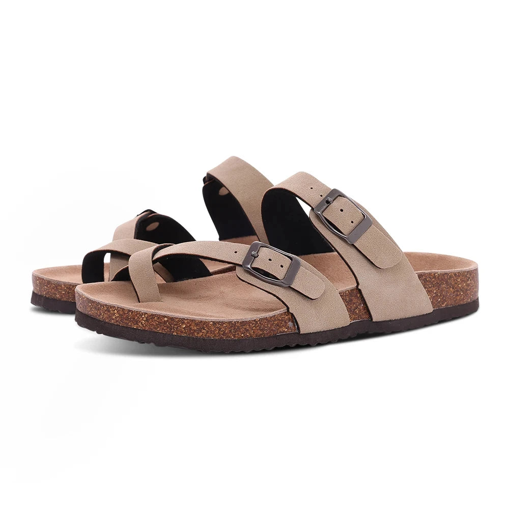 Suede Sandals Soft Cork Footbed Summer Slides with Adjustable Buckle