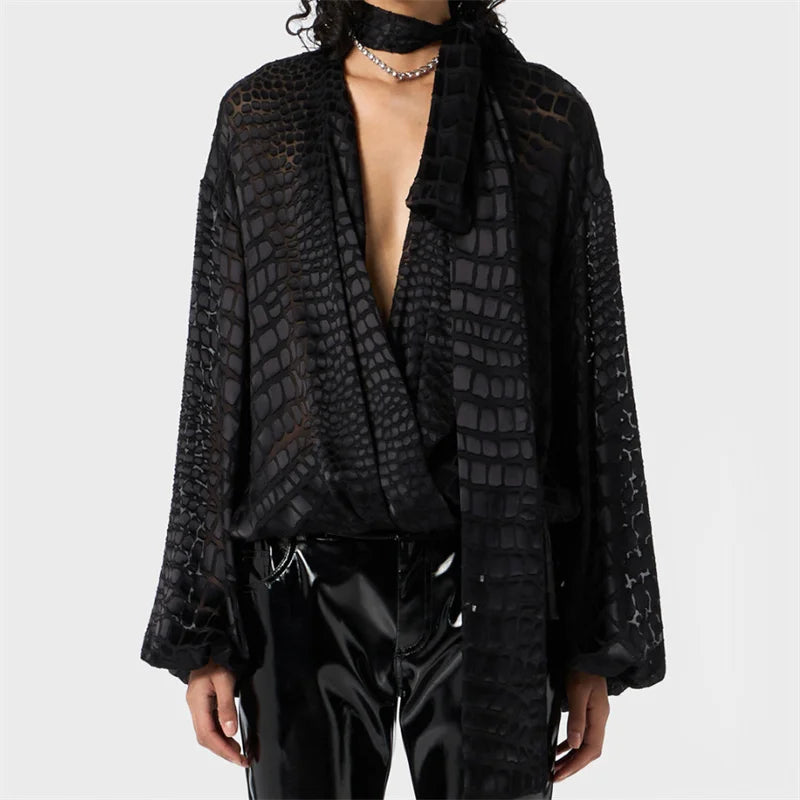 Crocodile Pattern Scarf Collar Top