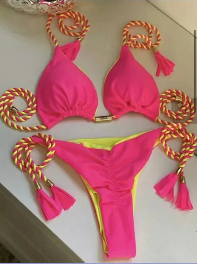 Backless Rope Triangle Swimsuit Bikini Multicolour
