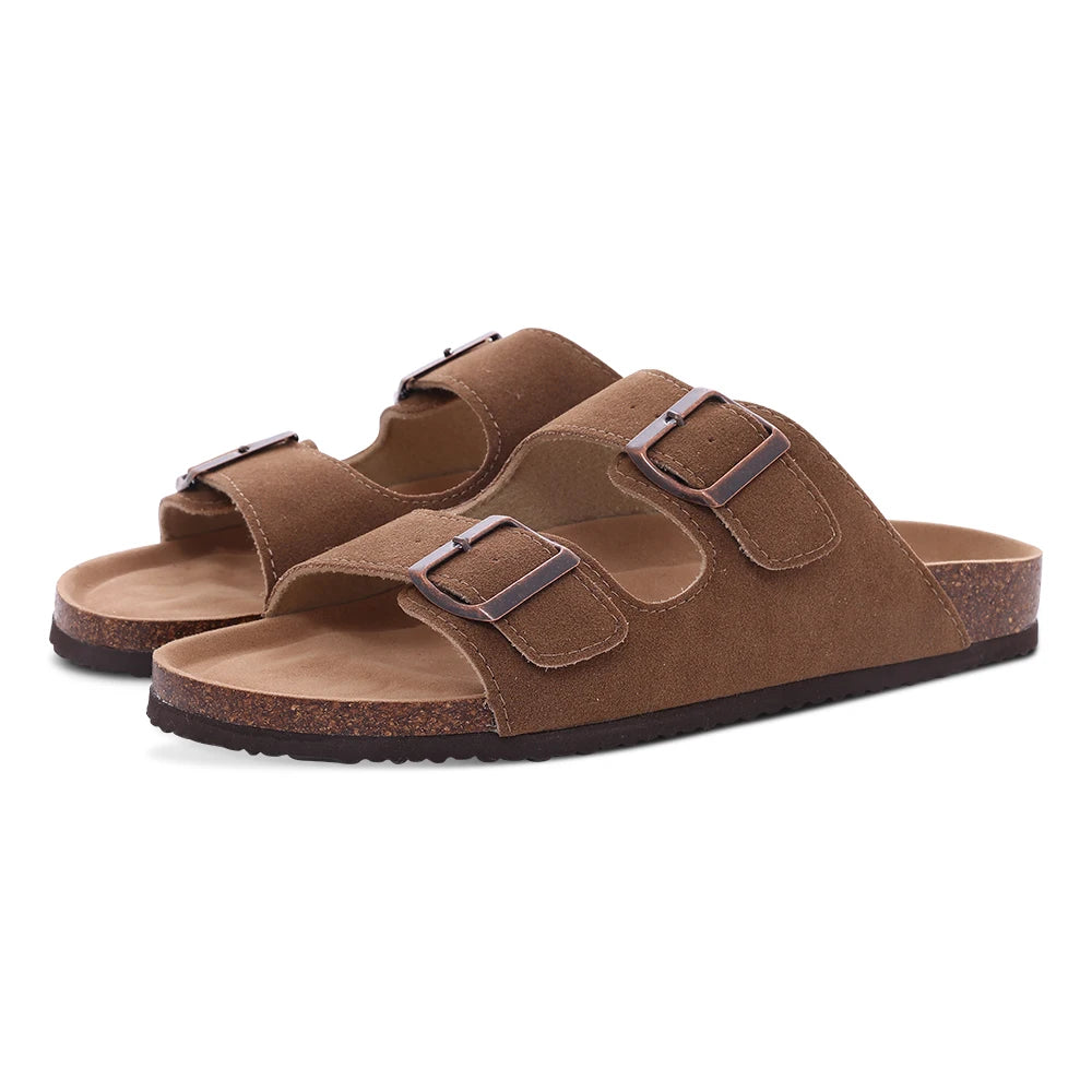 Suede Sandals Soft Cork Footbed Summer Slides with Adjustable Buckle