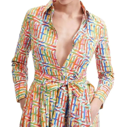 Long Sleeved Vintage Geometric Knee-Length Dress