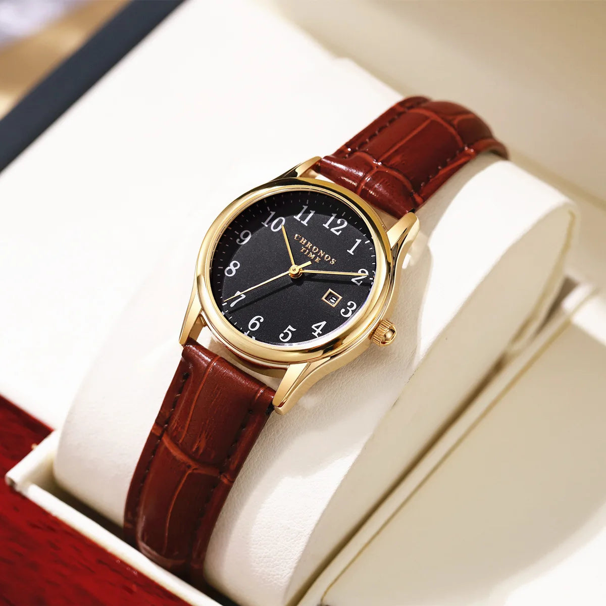 Chronos Leather Strap Wrist Watch