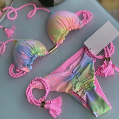Backless Rope Triangle Swimsuit Bikini Multicolour