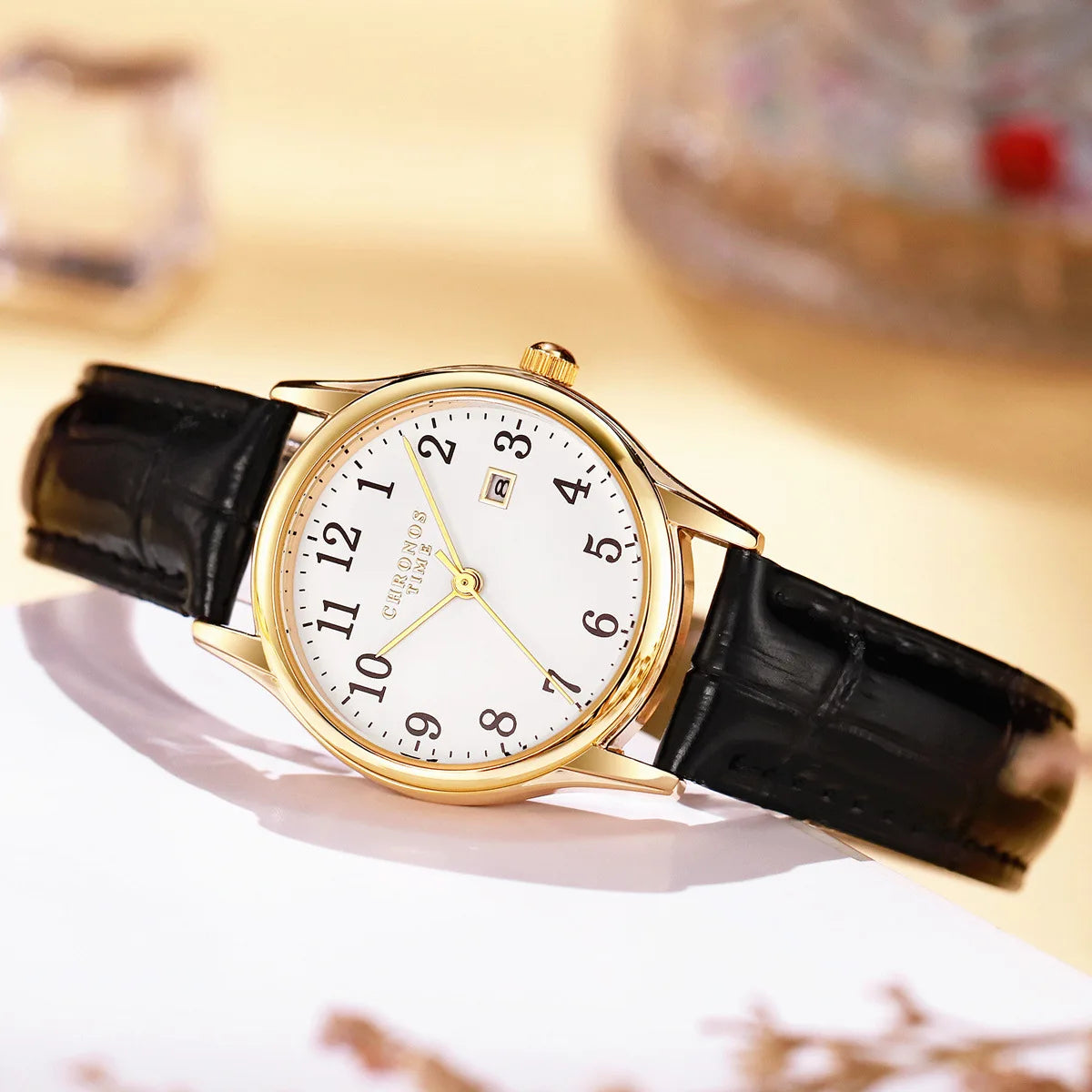 Chronos Leather Strap Wrist Watch