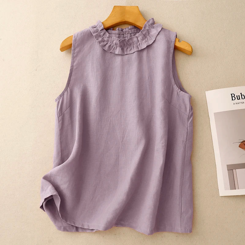 Linen Round Neck Sleeveless Top