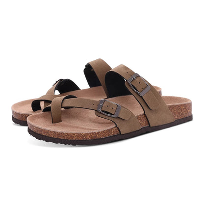 Suede Sandals Soft Cork Footbed Summer Slides with Adjustable Buckle