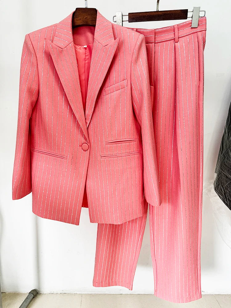 Button Striped Diamonds Blazer Pants Suit