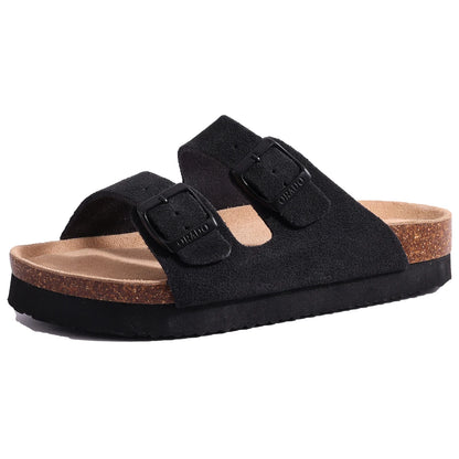 Suede Sandals Soft Cork Footbed Summer Slides with Adjustable Buckle