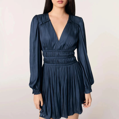 Simulated Silk V-Neck Vacation Dark Blue Dress