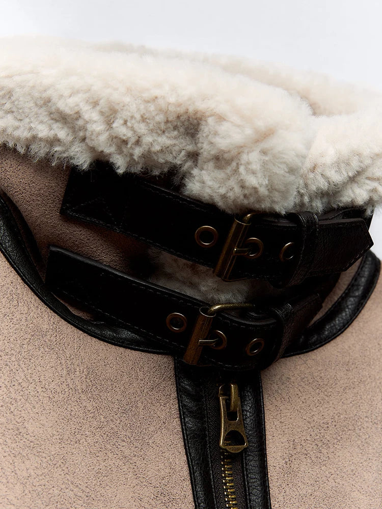 Spliced Faux Leather Soft Fur Short Jacket