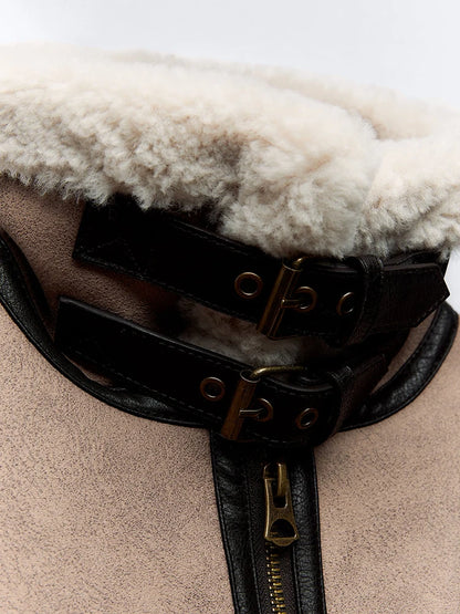 Spliced Faux Leather Soft Fur Short Jacket