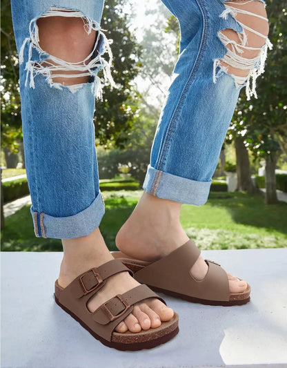 Suede Sandals Soft Cork Footbed Summer Slides with Adjustable Buckle
