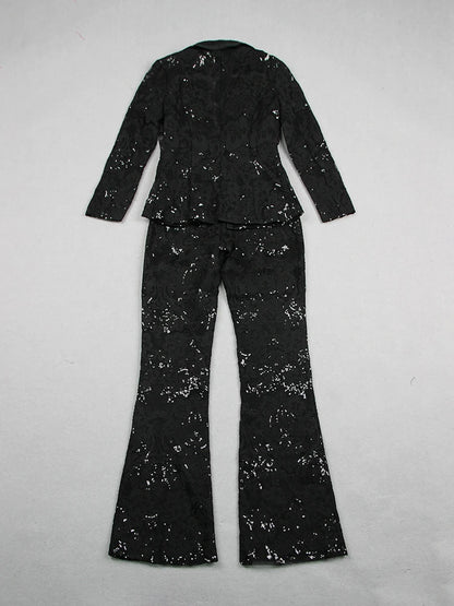 Guipure Lace Single Button Blazer with Flare Pants Suit