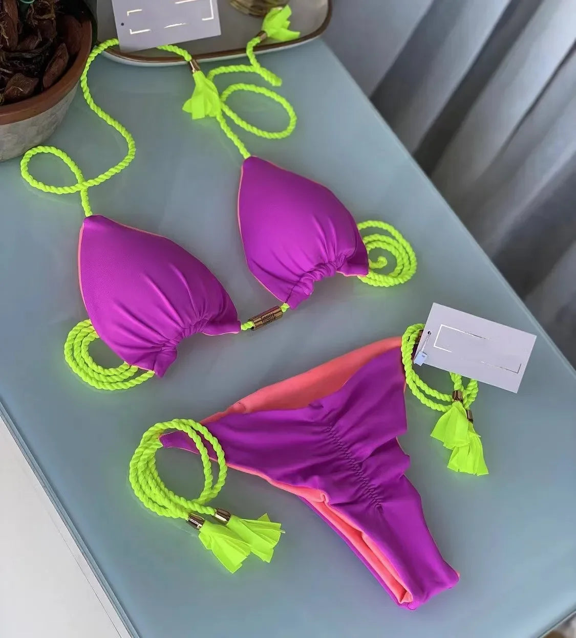 Backless Rope Triangle Swimsuit Bikini Multicolour