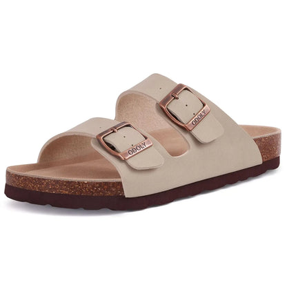 Suede Sandals Soft Cork Footbed Summer Slides with Adjustable Buckle