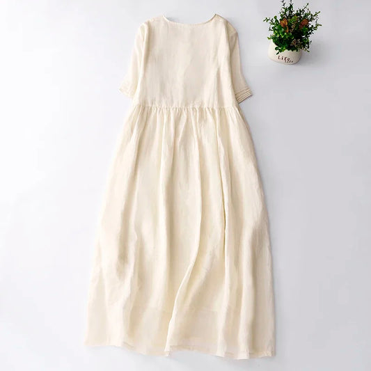 V Neck Embroidery Cotton Linen Dress