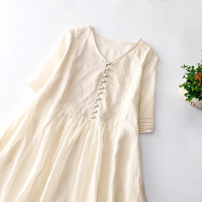 V Neck Embroidery Cotton Linen Dress
