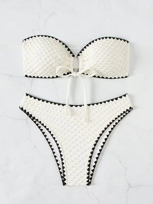 White 2 Piece Strapless Swimsuit Lace-up Patchwork Bikini