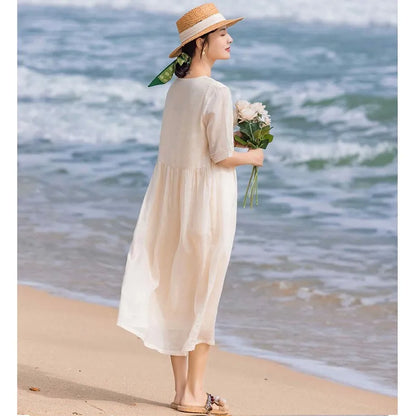 V Neck Embroidery Cotton Linen Dress