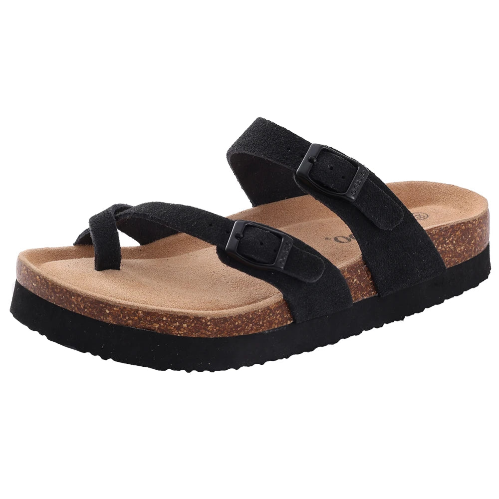Suede Sandals Soft Cork Footbed Summer Slides with Adjustable Buckle