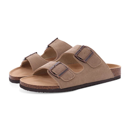 Suede Sandals Soft Cork Footbed Summer Slides with Adjustable Buckle