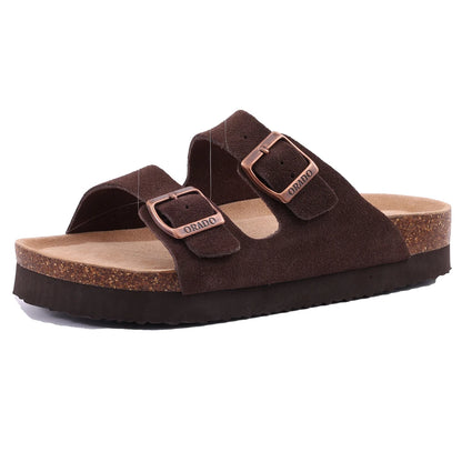 Suede Sandals Soft Cork Footbed Summer Slides with Adjustable Buckle