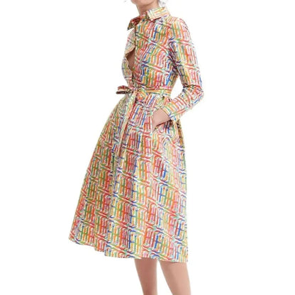 Long Sleeved Vintage Geometric Knee-Length Dress