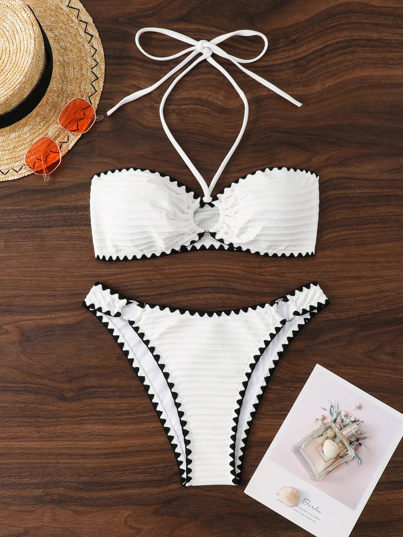 White 2 Piece Strapless Swimsuit Lace-up Patchwork Bikini