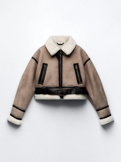 Spliced Faux Leather Soft Fur Short Jacket