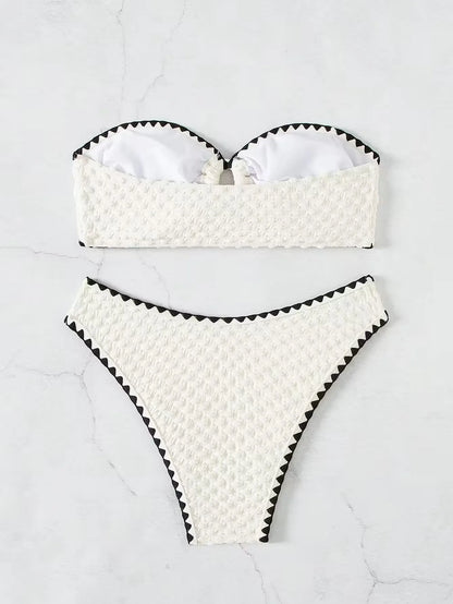 White 2 Piece Strapless Swimsuit Lace-up Patchwork Bikini