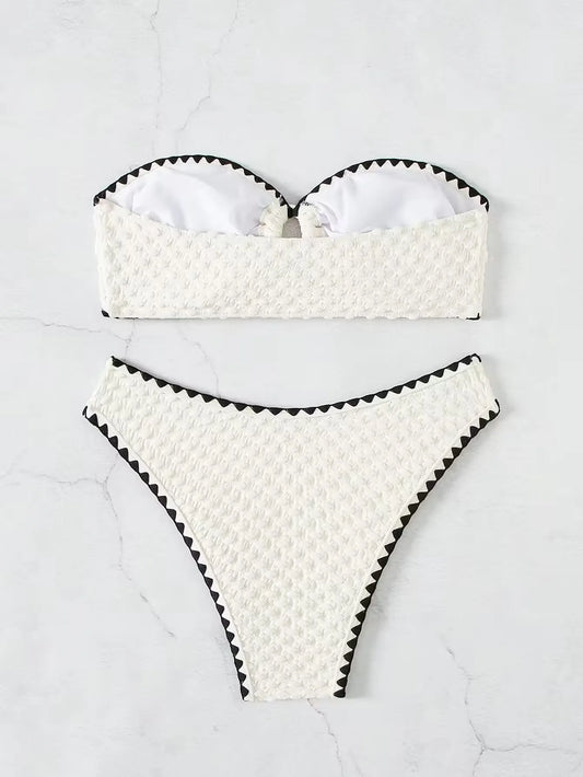 White 2 Piece Strapless Swimsuit Lace-up Patchwork Bikini