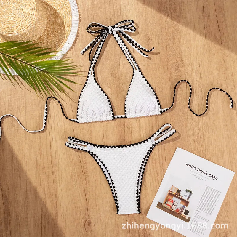 White 2 Piece Strapless Swimsuit Lace-up Patchwork Bikini