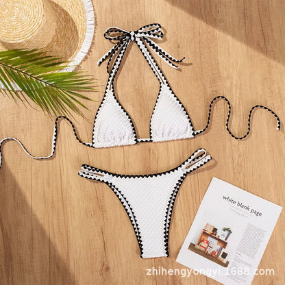 White 2 Piece Strapless Swimsuit Lace-up Patchwork Bikini