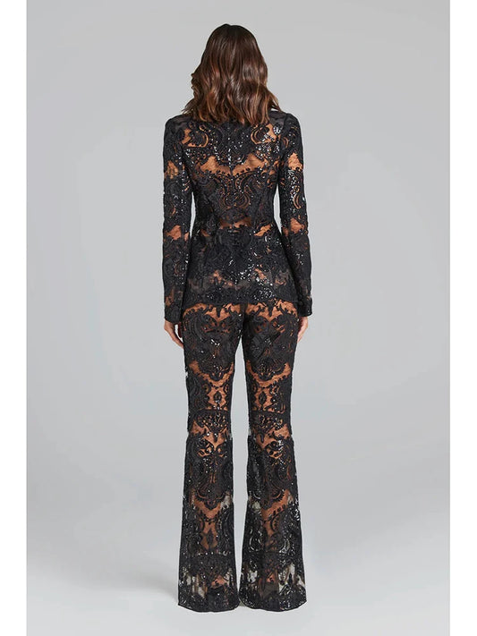 Guipure Lace Single Button Blazer with Flare Pants Suit