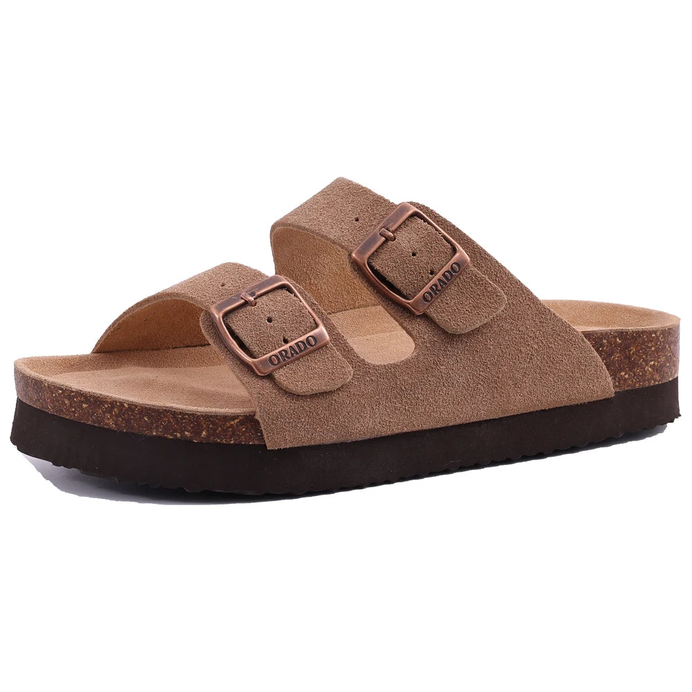 Suede Sandals Soft Cork Footbed Summer Slides with Adjustable Buckle