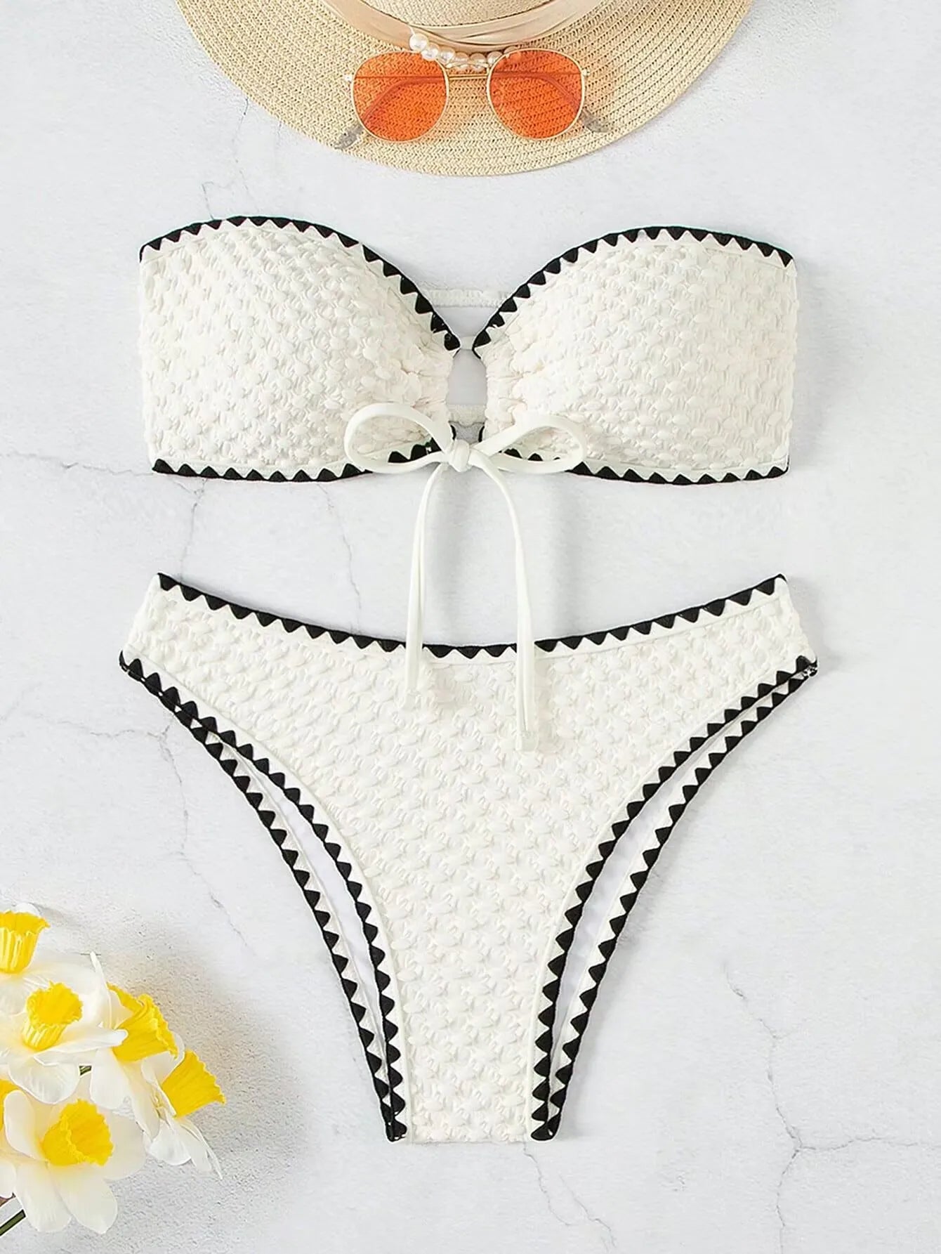 White 2 Piece Strapless Swimsuit Lace-up Patchwork Bikini