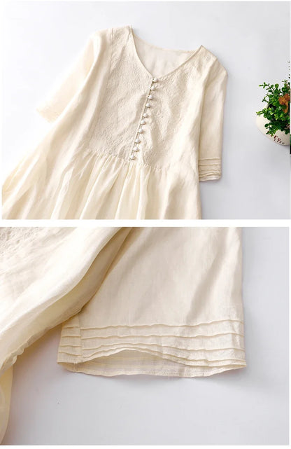 V Neck Embroidery Cotton Linen Dress