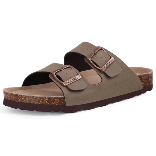 Suede Sandals Soft Cork Footbed Summer Slides with Adjustable Buckle