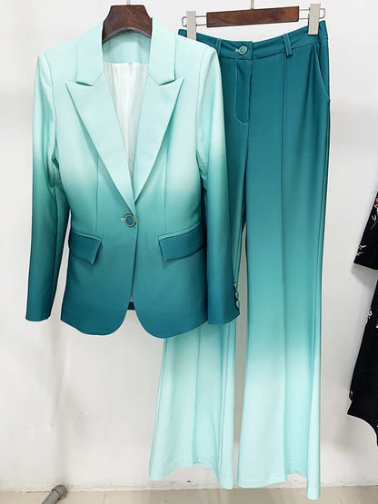 Printed Gradient Flare Single Button Blazer Suit