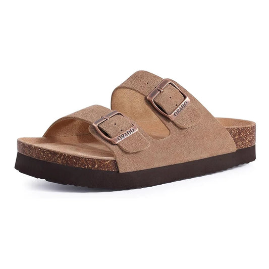 Suede Sandals Soft Cork Footbed Summer Slides with Adjustable Buckle