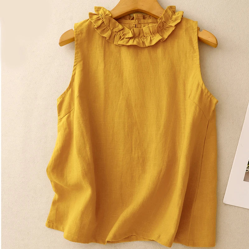 Linen Round Neck Sleeveless Top