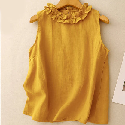 Linen Round Neck Sleeveless Top