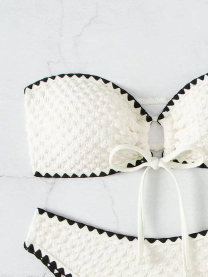 White 2 Piece Strapless Swimsuit Lace-up Patchwork Bikini