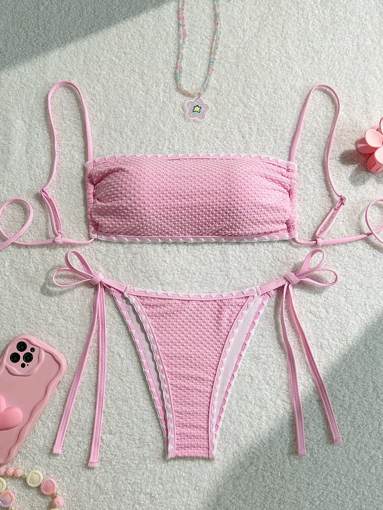White 2 Piece Strapless Swimsuit Lace-up Patchwork Bikini