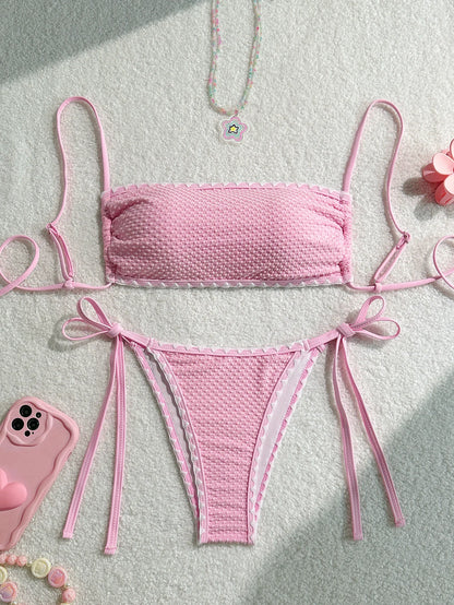 White 2 Piece Strapless Swimsuit Lace-up Patchwork Bikini