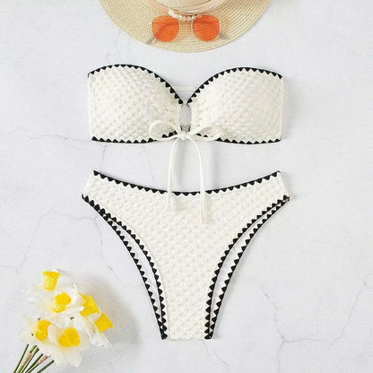 White 2 Piece Strapless Swimsuit Lace-up Patchwork Bikini