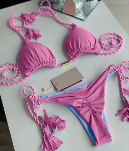 Backless Rope Triangle Swimsuit Bikini Multicolour
