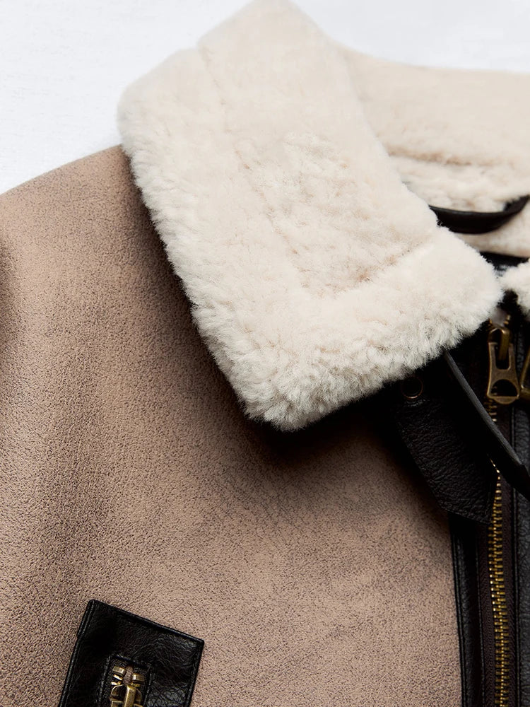 Spliced Faux Leather Soft Fur Short Jacket