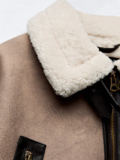 Spliced Faux Leather Soft Fur Short Jacket